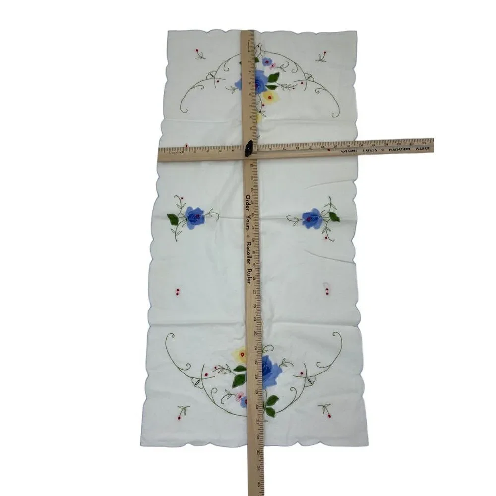Vintage White Table Runner with Embroidery  Blue Rose Floral Detail
